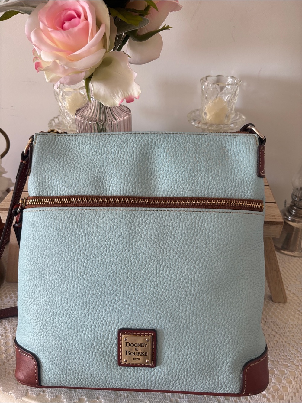 Dooney & Bourke Light Blue Pebble Leather Crossbody with Brown Trim